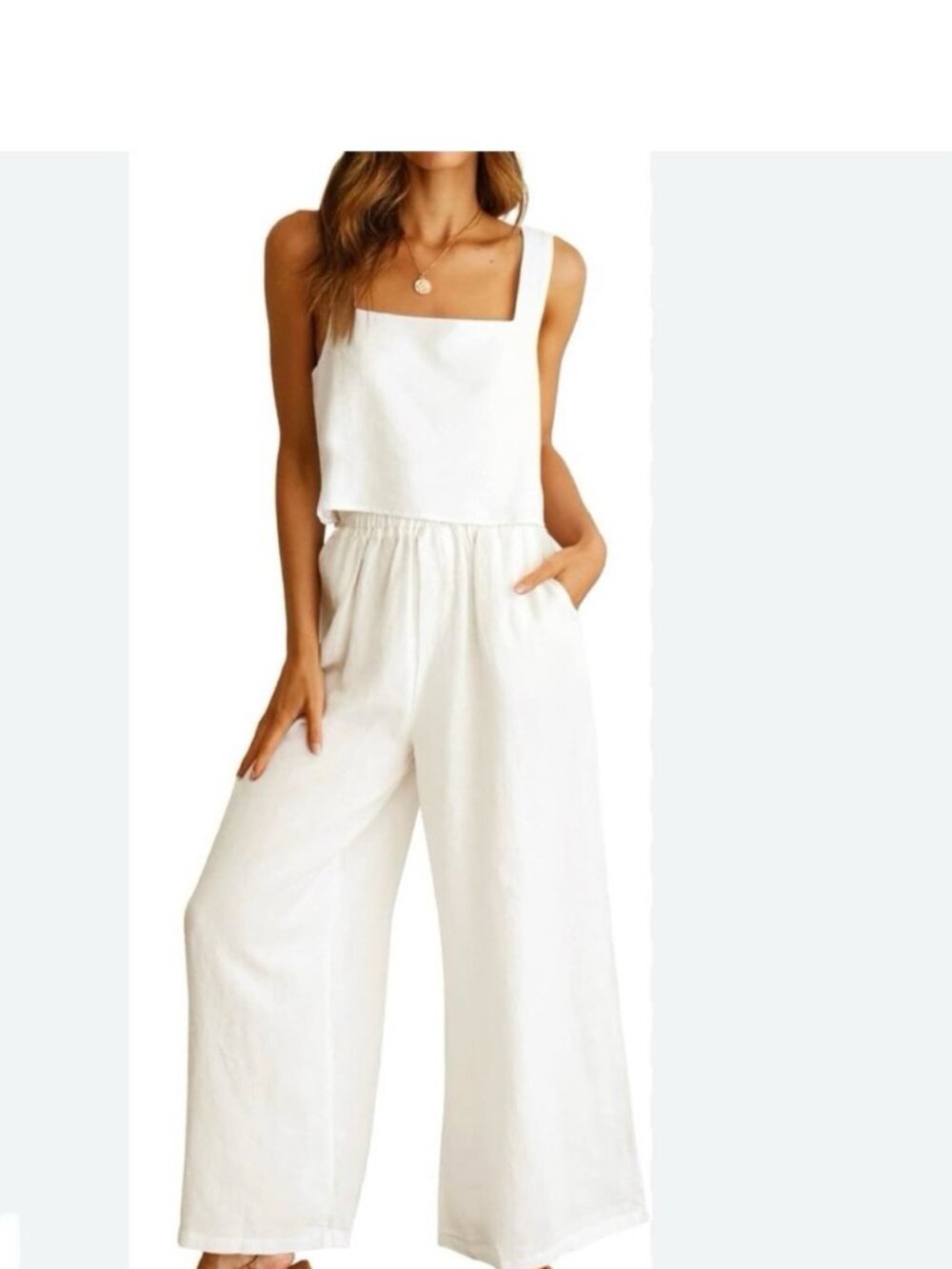 Prinbara Chic White Two Piece Linen Sleeveless Jumpsuit Set